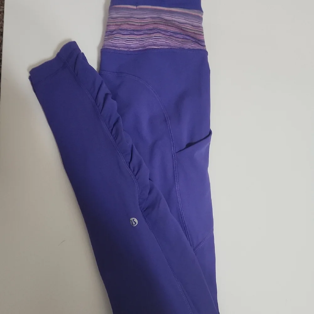 Lululemon Purple Leggings, With Multicolor Waist Band And Scrunch Legs Size 4